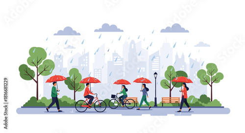 People with red umbrellas walk and bike through a city park during a rainy day with a modern urban skyline in the background.