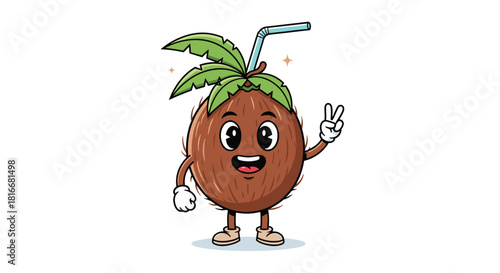 Cute and happy coconut cartoon character with a drinking straw and palm leaves on its head flashes a peace sign for summer.