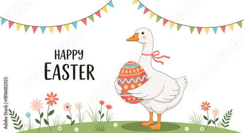 Happy Easter greeting card with a cute white goose holding a large decorated egg in a spring meadow with flowers and flags.