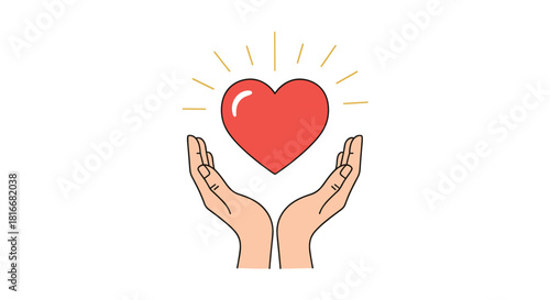 Two hands gently hold a shiny red heart that is radiating golden light symbolizing love charity and compassionate donation.