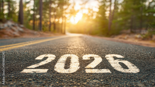 2026 painted on asphalt road leading into sunlit forest at sunrise conveying journey and hopeful emotion