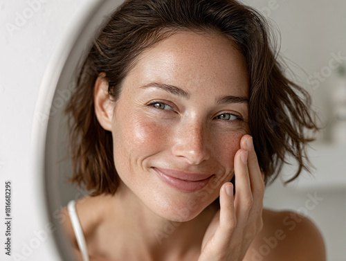 woman with wet hair standing in front of a bathroom mirror. They are wearing a white tank top and have a relaxed expression, with one hand gently touching their face. The lighting is warm