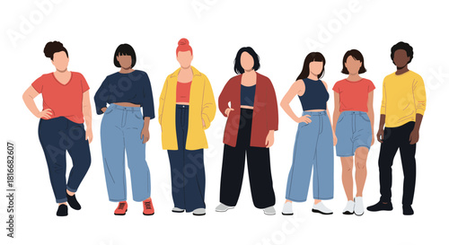 Group of seven diverse and stylish young people of different body types and ethnicities standing together in casual modern outfits.