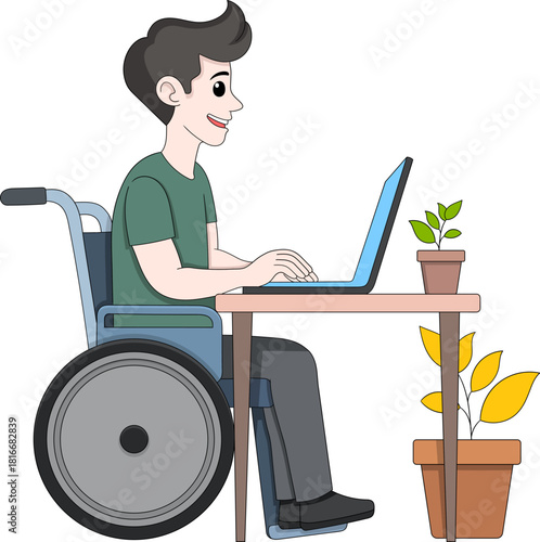 Illustration of a Disabled Worker Using a Laptop at a Desk in a Productive Workspace Setting