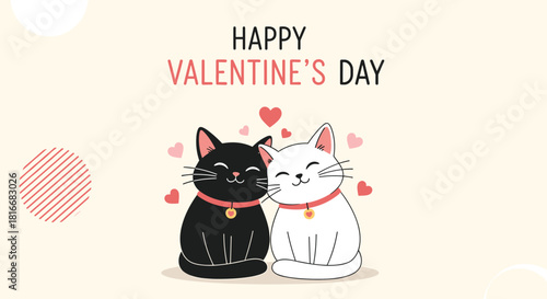 Cute black and white cats in love cuddle on Valentine's Day under floating hearts with a geometric pattern in the background.
