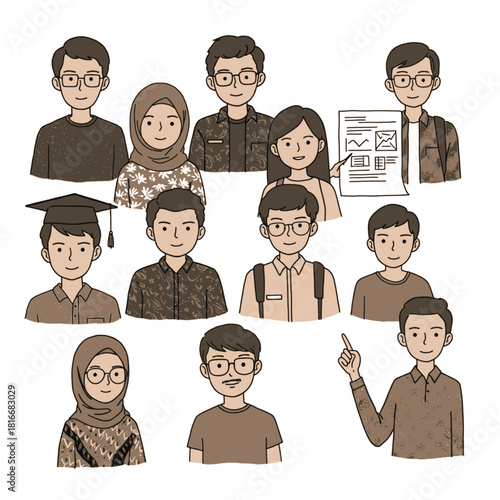 Diverse group of cartoon people, including students, professionals, and individuals in traditional attire.