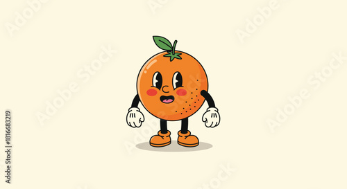 Friendly retro cartoon orange fruit character with big eyes and white gloves stands and smiles in a fun vintage animation style.