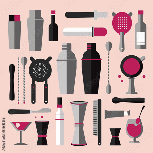 Flat design illustration of various bar tools and cocktail making equipment, including shakers, jiggers, strainers, and bottles, on a light pink background.