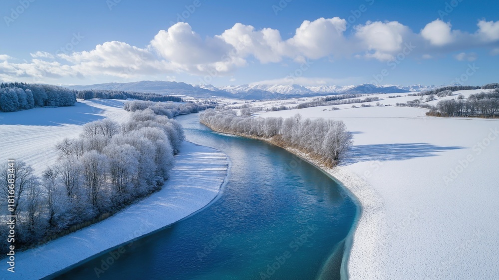 Obraz premium Aerial view of winding river surrounded by snowy winter landscape and frosted trees under a vibrant blue sky