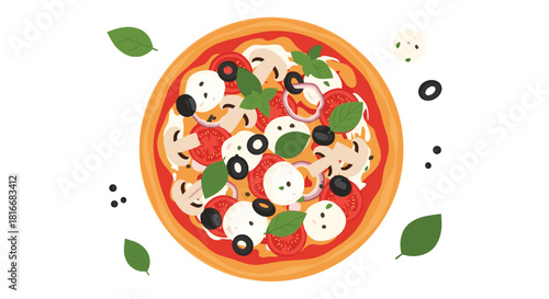 Top-down view of a fresh Italian pizza topped with mozzarella cheese tomatoes olives mushrooms and basil leaves on a white background.