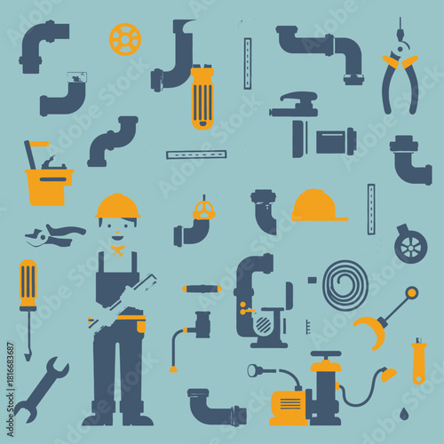 Flat design illustration of a plumber with various plumbing tools and pipe elements.