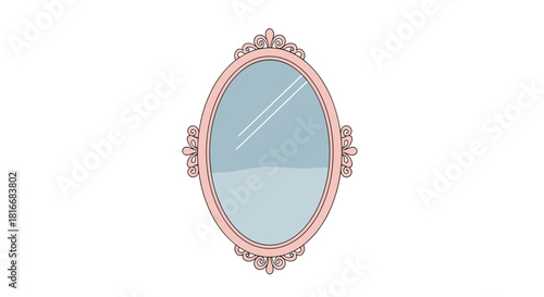 Fancy oval mirror illustration with pink frame on white background