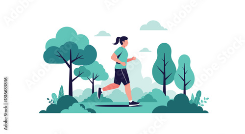 Young woman with a ponytail is jogging or running through a green park with trees for a healthy outdoor exercise routine.
