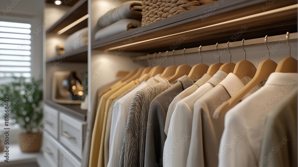 Obraz premium A space-efficient walk-in closet designed with layered hanging rods, retractable valet hooks, and modular drawer inserts — optimized clothing storage, smart wardrobe organization, and luxury