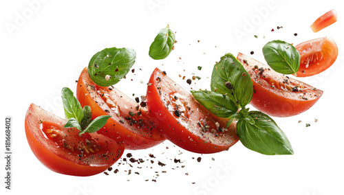 Fresh tomato slices seasoned with herbs and spices fly