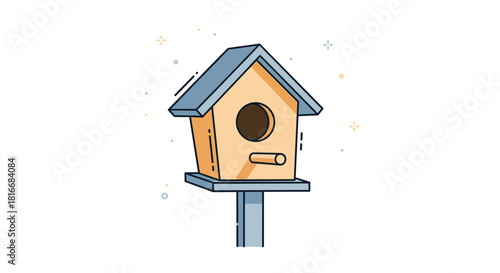 Simple and cute wooden birdhouse on a post with some sparkles shown in a clean line art style with color highlights.