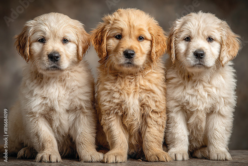 Three Golden Retriever Puppies Sitting Together – Adorable Pet Portrait