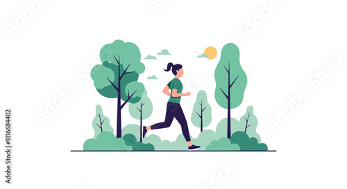 Young woman is running or jogging through a green park with trees and bushes on a sunny day for a healthy lifestyle.