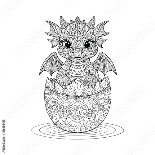A cartoon dragon hatching from an intricately designed egg in a serene environment viewed from the front.