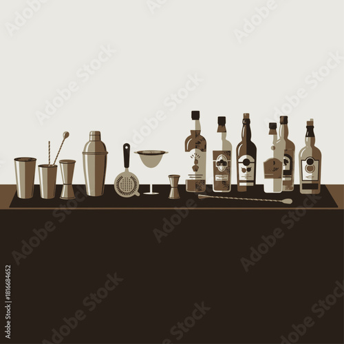 A flat illustration of various bar tools and liquor bottles on a dark counter.