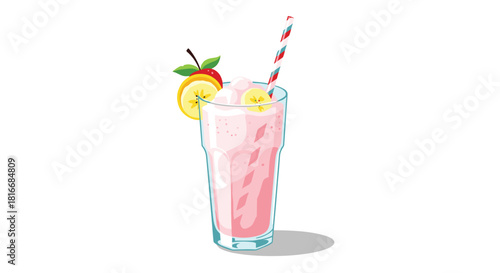 A refreshing pink strawberry banana milkshake in a tall glass with fruit garnish and a striped straw.