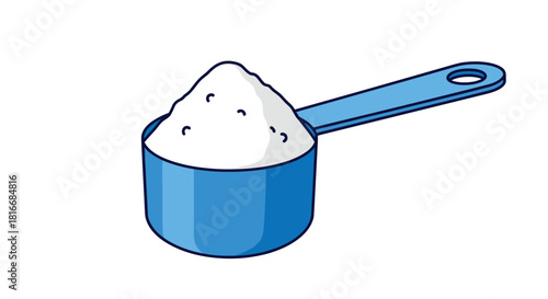 Blue plastic scoop filled with white powder on a white background.