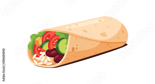A delicious and colorful vegetarian burrito filled with rice, beans, tomatoes, cucumbers, and lettuce.