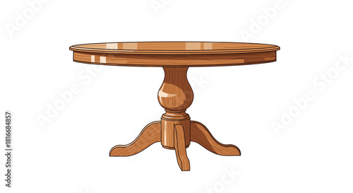 A digital illustration of a classic wooden round dining table with a pedestal base.