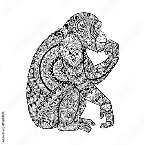 Intricate monkey illustration sitting in contemplation surrounded by ornate patterns and designs in a detailed black and white artwork from a close-up viewpoint