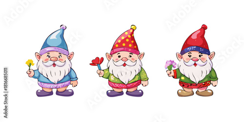 Set of three Garden gnomes. Hand drawn modern Vector isolated illustrations. Poster, card, print, design template. Cute fairy tale characters. Garden elf. Cartoon style .vector icon