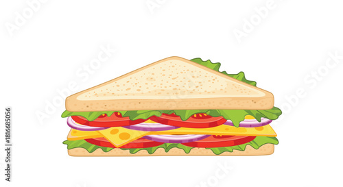 A triangular sandwich filled with lettuce, tomato, onion, and cheese on white bread.