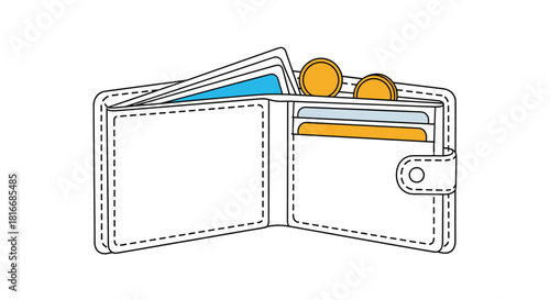 Open white wallet with cards, coins, and cash peeking out on a white background.