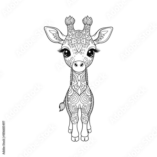 A cartoon giraffe with intricate patterns standing facing forward on a transparent background, an illustration of a young animal