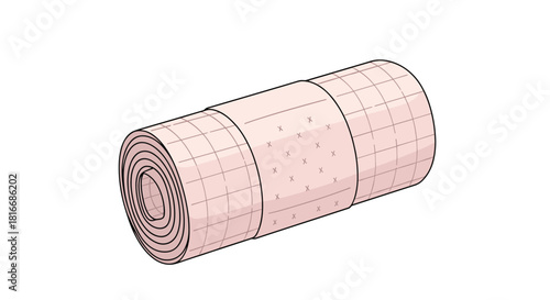 Rolled up pink bandage with grid lines and small crosses on white background.