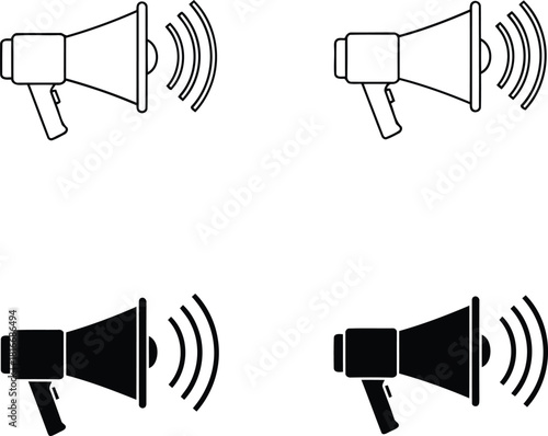 Set of Megaphone Icons in Black and White, Symbolizing Announcement and Promotion