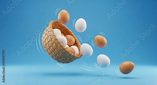 Brown and white eggs tumbling from a falling basket.