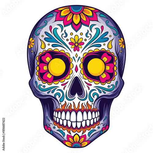 Festive Sugar Skull Illustration with Floral Patterns and Vibrant Colors