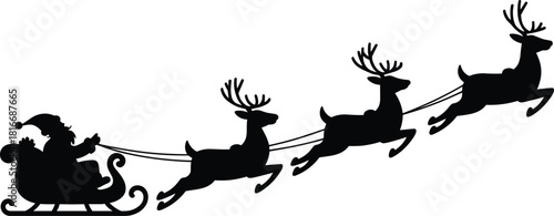 Magical Christmas silhouette of Santa Claus riding sleigh pulled by reindeer, festive holiday winter scene illustration for seasonal design and celebration themes