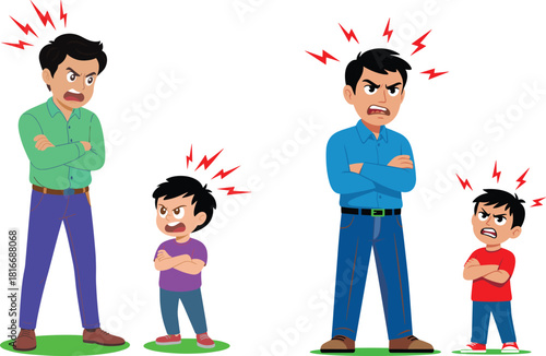 Angry father and upset child arguing together in cartoon illustration showing family conflict, tension, frustration, disagreement, emotional parenting moment, stress
