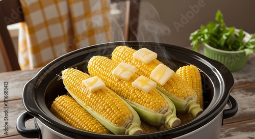 Freshly Cooked Sweet Corn Cobs with Melting Butter in Slow Cooker