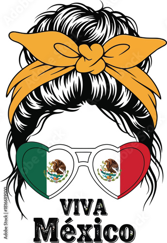 Patriotic messy bun woman with Mexican flag heart sunglasses and a yellow bandana illustration
