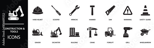 Construction tools and heavy machinery icons for engineering and building projects create a modern, professional look for your construction business