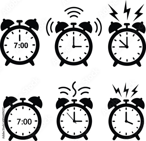 Set of alarm clocks indicating different times and ringing sounds