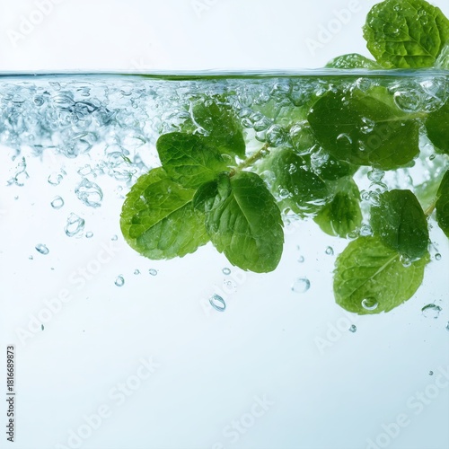 Fresh mint leaves floating in bubbling water
