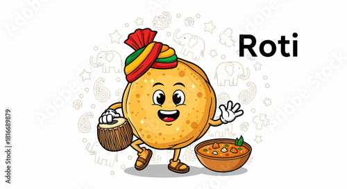 Cute Roti cartoon character wearing a traditional Indian turban.