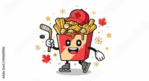 Cute Poutine Character Playing Hockey on Ice Skates.