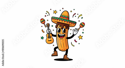 Festive Churro Cartoon Character with Sombrero and Musical Instruments.