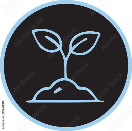 Minimalist icon depicting a young plant growing from earth in a circle
A simple line art icon of a plant sprout emerging from soil. It is enclosed in a dark circle with a blue border, symbolizing grow