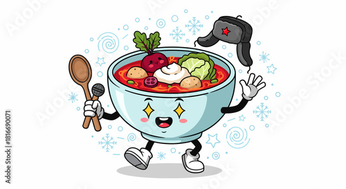 Happy cartoon borscht soup bowl character wearing a Russian ushanka hat.