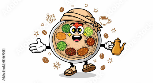 Ethiopian Food Platter Cartoon Character with Headband and Coffee Pot.